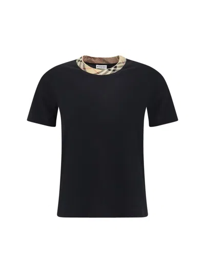 Burberry Black Crewneck T-shirt With Ckeck Motif On The Collar In Cotton Woman In Black