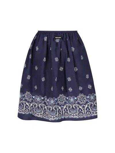 Miu Miu Floral Bordered Gathered Skirt In Blue