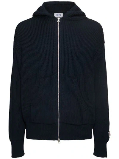 Lc23 Rib Knit Zip Hoodie In Blue