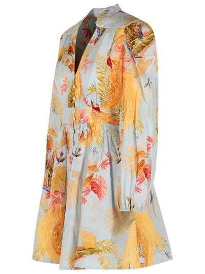 Zimmermann Ascension Light Blue Mini Dress With Flared Skirt And All-over Print In Linen Woman In Neutral