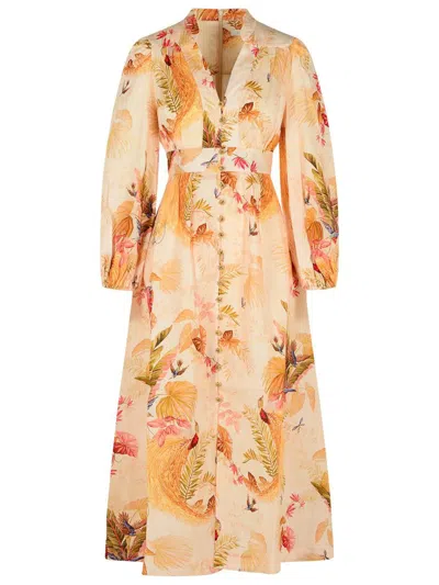 Zimmermann 'plunge' Low-cut Linen Dress In Multi