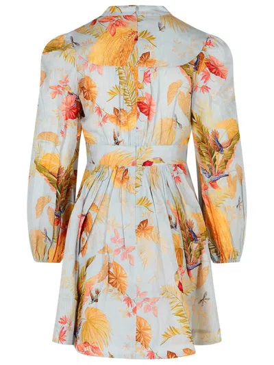 Zimmermann Ascension Light Blue Mini Dress With Flared Skirt And All-over Print In Linen Woman In Neutral