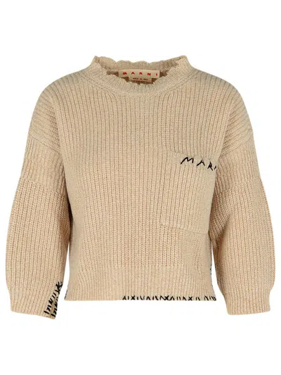 Marni Crew Neck Wool Sweater Embroidered In Neutral