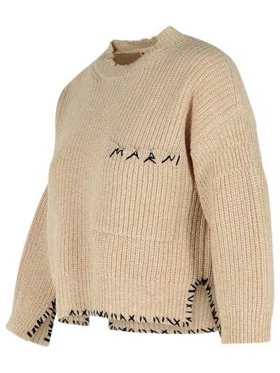 Marni Crew Neck Wool Sweater Embroidered In Neutral