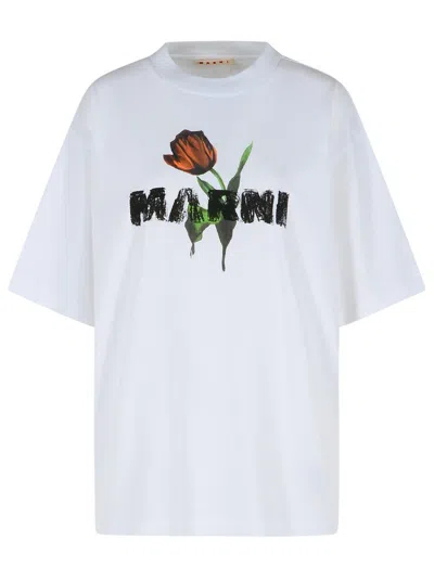 Marni White Crewneck T-shirt With Logo Lettering And Logo Print On The Front In White