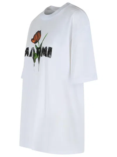 Marni White Crewneck T-shirt With Logo Lettering And Logo Print On The Front In White