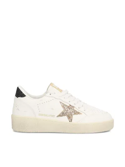 Golden Goose Women's Ball Star 2 Sneakers With Gold Glitter Star And Black Glitter Heel Tab In White
