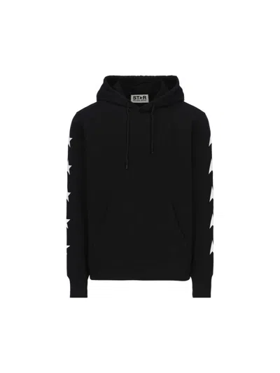 Golden Goose Cropped Black Hoodie With Star Graphics And Kangaroo Pocket