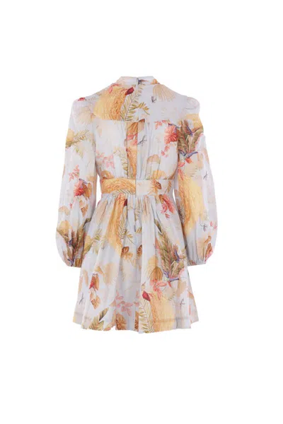 Zimmermann Ascension Light Blue Mini Dress With Flared Skirt And All-over Print In Linen Woman In Neutral