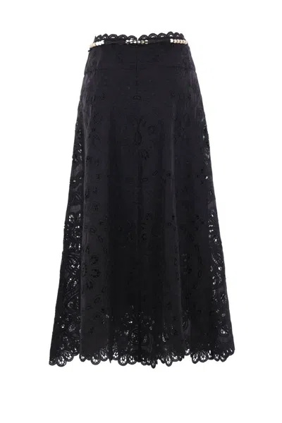 Zimmermann Zim Rhiannon Embroidered Scallop Hem Wblt Midi Skirt Black In Black