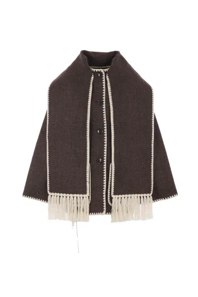 Totême Womens Chocolate Melange Embroidered-trim Scarf Wool-blend Jacket In Brown