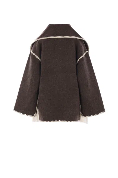 Totême Womens Chocolate Melange Embroidered-trim Scarf Wool-blend Jacket In Brown