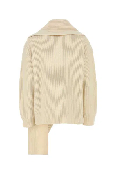 Jil Sander Wool Sweater With Dropped Shoulders And Long Scarf In Neutral