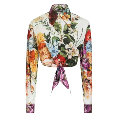 Dolce & Gabbana Multicolor Cropped Shirt With Tie Closure On The Front And All-over Floral Print In Cotton Woman