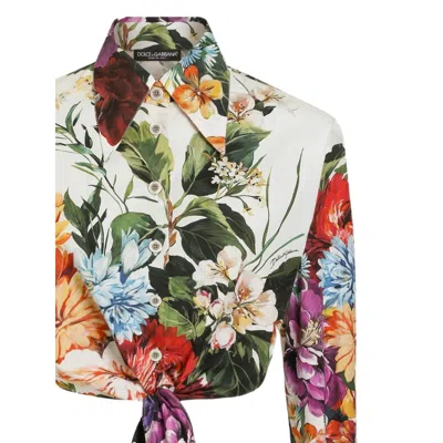 Dolce & Gabbana Multicolor Cropped Shirt With Tie Closure On The Front And All-over Floral Print In Cotton Woman