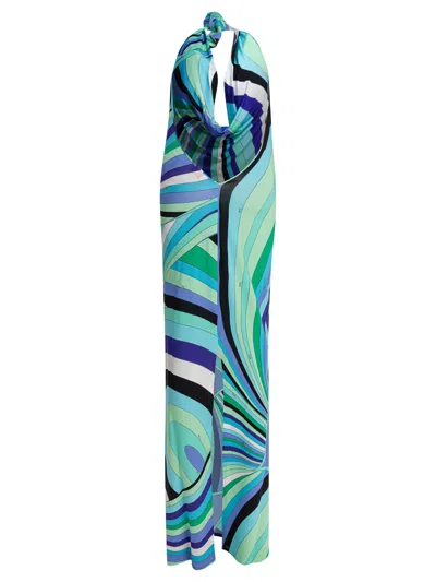 Pucci Long Dress With Geometric Pattern And Halter Neck In Blue
