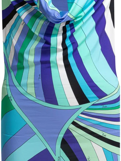 Pucci Long Dress With Geometric Pattern And Halter Neck In Blue
