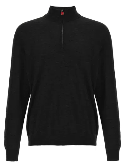 Kiton Wool Long Sleeve Polo With Ribbed Cuffs And Hem In Black