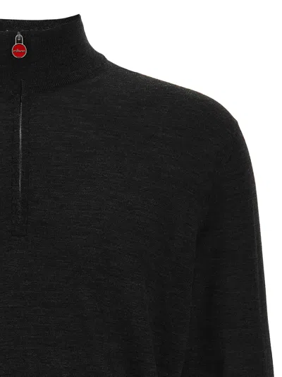 Kiton Wool Long Sleeve Polo With Ribbed Cuffs And Hem In Black