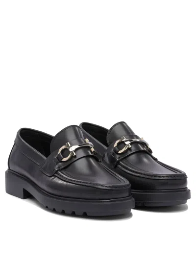 Ferragamo Black Leather Loafers With Gancini Ornament