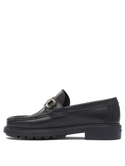 Ferragamo Black Leather Loafers With Gancini Ornament