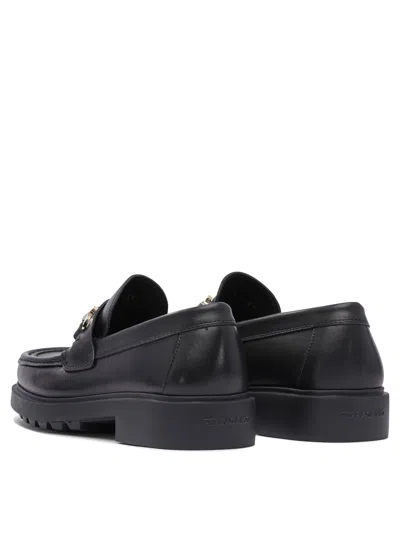 Ferragamo Black Leather Loafers With Gancini Ornament
