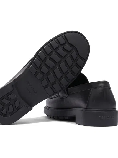 Ferragamo Black Leather Loafers With Gancini Ornament