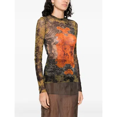 Jean Paul Gaultier Graphic Print Sheer Fabric Tops In Black