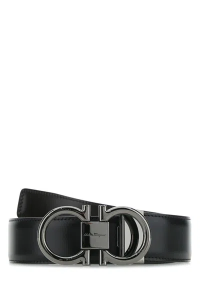 Ferragamo Adjustable Reversible Leather Belt With Textured Finish In Black