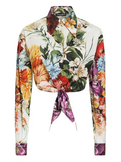 Dolce & Gabbana Multicolor Cropped Shirt With Tie Closure On The Front And All-over Floral Print In Cotton Woman