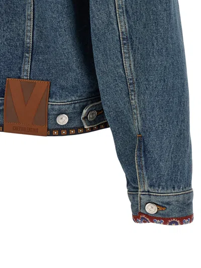 Valentino Denim Jacket With Multicolor Embroidery In Blue