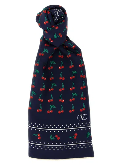 Valentino Cherry Print Polka Dot Border Scarf In Blue