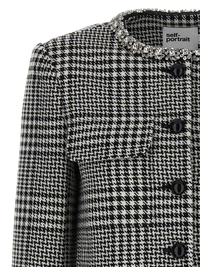 Self-portrait Houndstooth Jacket With Crystals In Gray
