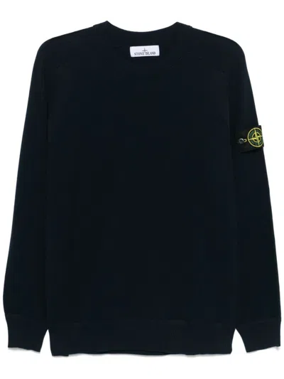 Stone Island Navy Blue Crew Neck Sweater With Signature Compass Badge In Black