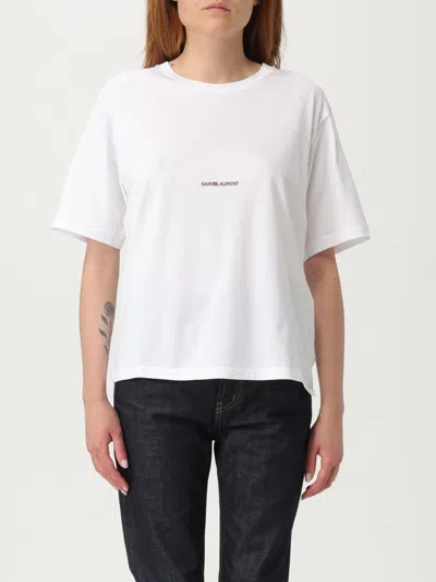 Saint Laurent Women Basic White T-shirt With Miiddle Logo Print In Cotton Woman In White