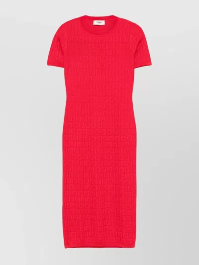 Fendi Women Red Short Sleeve Dress With All-over Ff Motif In Cotton Blend Woman In Multi