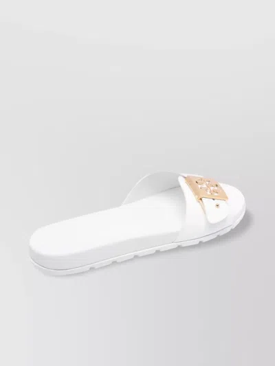 Tory Burch Slide Sandals With Metallic Buckle Accent In White