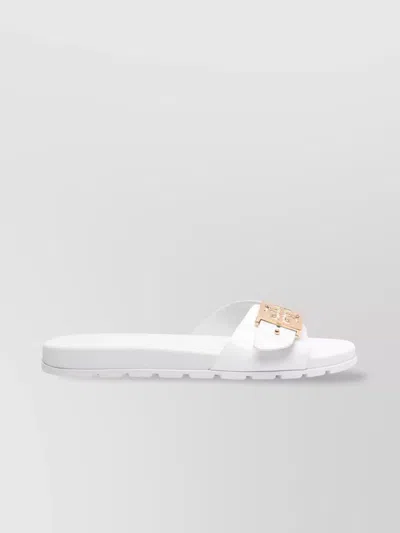 Tory Burch Slide Sandals With Metallic Buckle Accent In White
