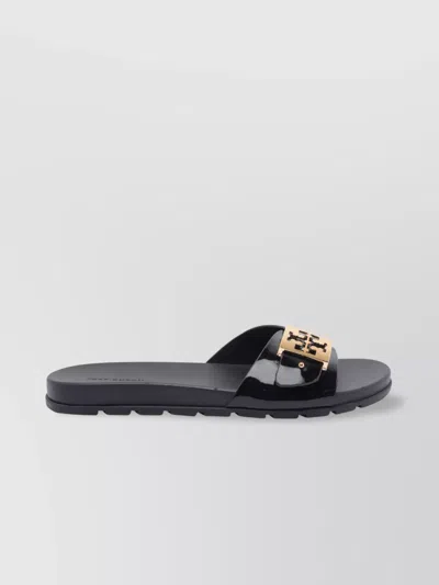 Tory Burch Prominent Buckle Slide Sandals In Smooth Leather In Black