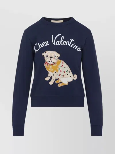 Valentino Dog Design Cotton Sweatshirt In Blue