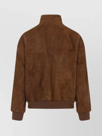Valentino Ribbed Lambskin Suede Leather Jacket With Stand-up Collar In Brown
