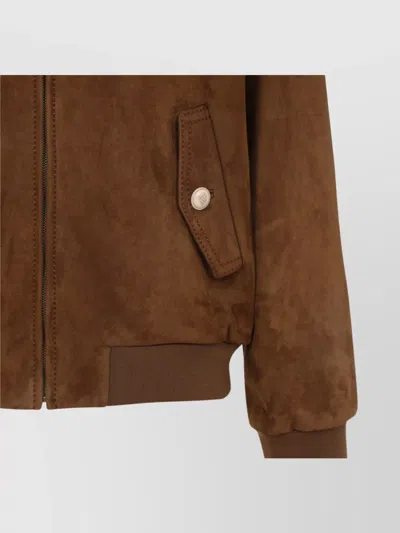 Valentino Ribbed Lambskin Suede Leather Jacket With Stand-up Collar In Brown