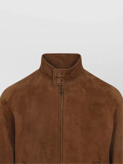 Valentino Ribbed Lambskin Suede Leather Jacket With Stand-up Collar In Brown