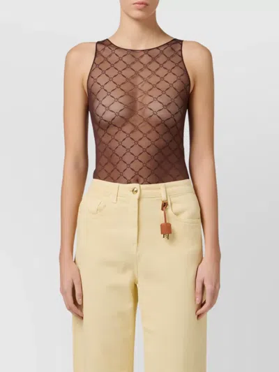 Elisabetta Franchi Fitted Sheer Scoop Geometric Silhouette In Brown