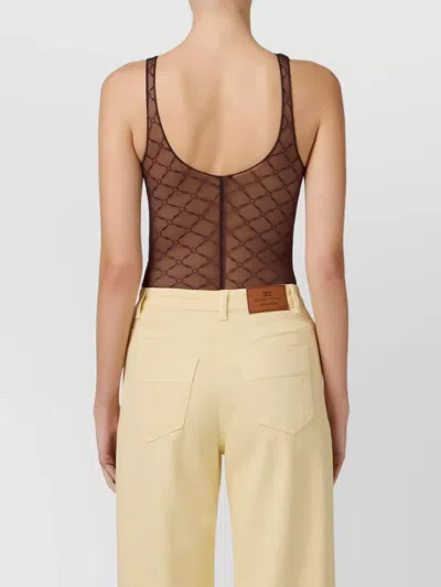 Elisabetta Franchi Fitted Sheer Scoop Geometric Silhouette In Brown