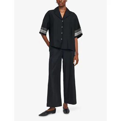 Joseph Womens Leopold Embroidered-stripe Short-sleeve Cotton And Silk-blend Blouse Black