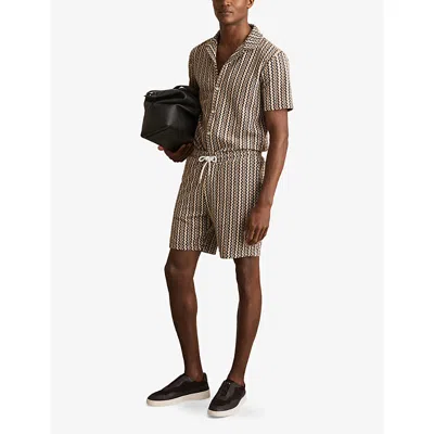 Reiss Mens Tobacco Brown Teti Drawstring-waist Abstract-stripe Stretch-knit Shorts Xxl