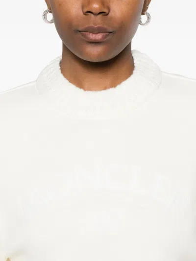 Moncler Crew Neck Sweatshirt Long Sleeves Ribbed Trims In White