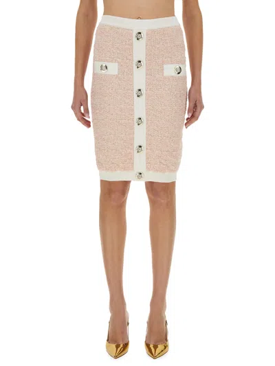 Balmain Textured Fabric Midi Skirt With Button Detailing In Pink