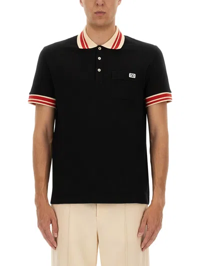 Valentino Cotton Piqué Polo Shirt With Vlogo Patch In Black